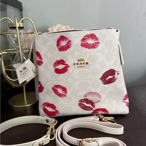 White Crossbody Bag with Pink & Red Kiss Print